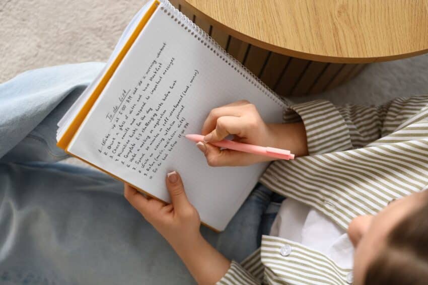 Femme consultant sa To Do List dans un carnet